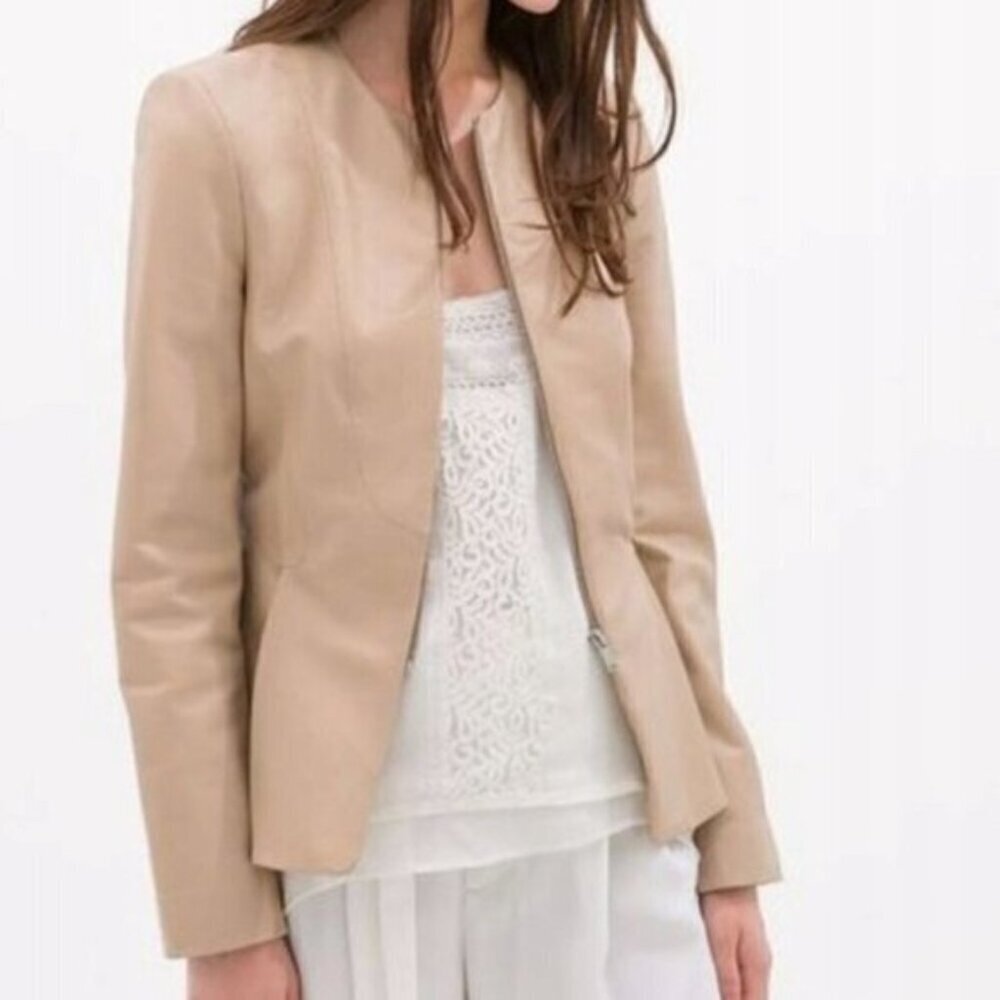 NWT Zara 100% Sheep Leather Jacket Front Zip Women Size Small